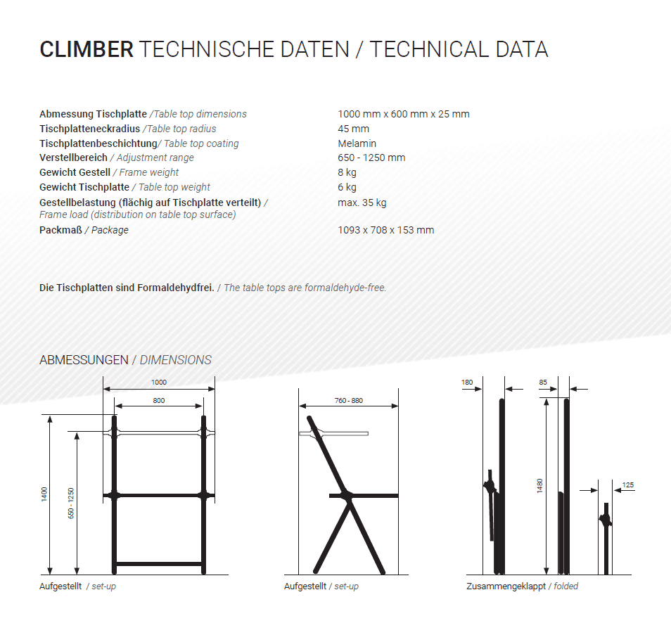 מימדים וגודל של שולחן עבודה משרדי Climber Veyhl